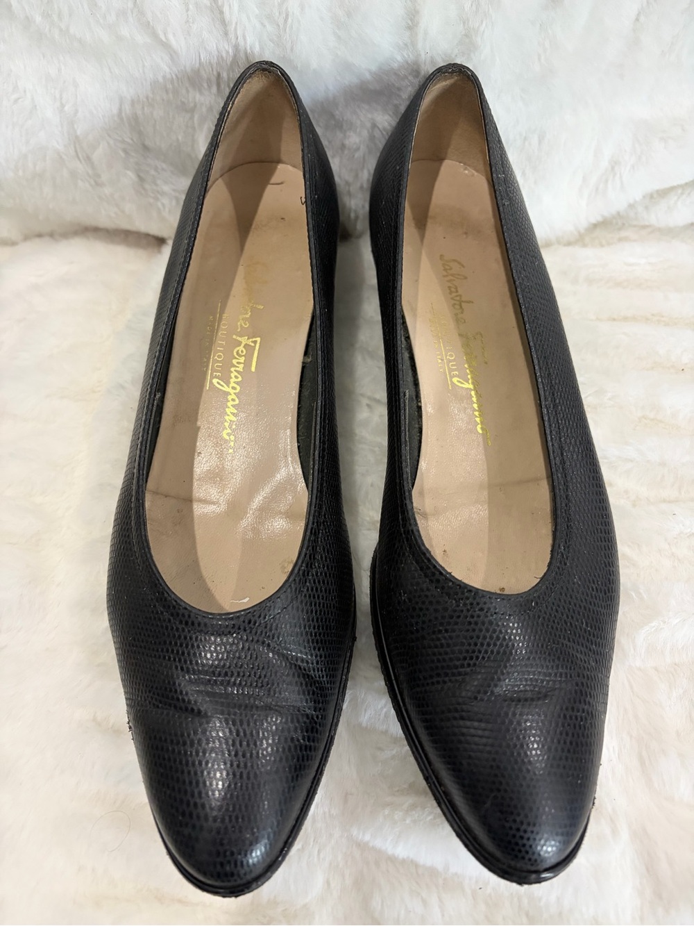 Salvatore Ferragamo Black Leather Wedge Shoes Sz 10